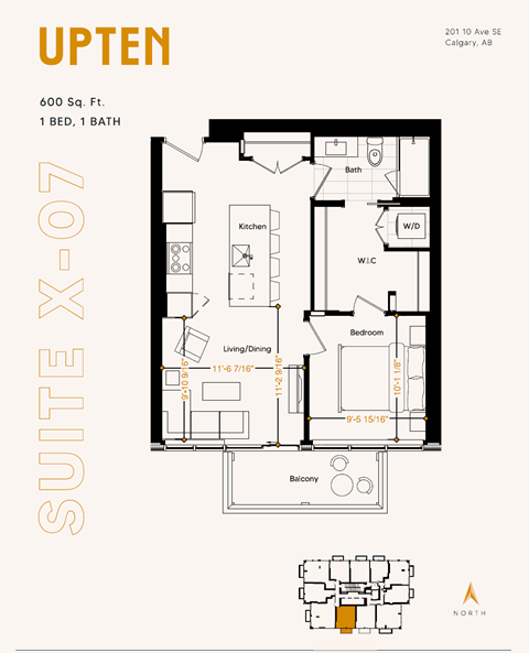 Floor plan for 1 bed, 1 bath, 616 sqft